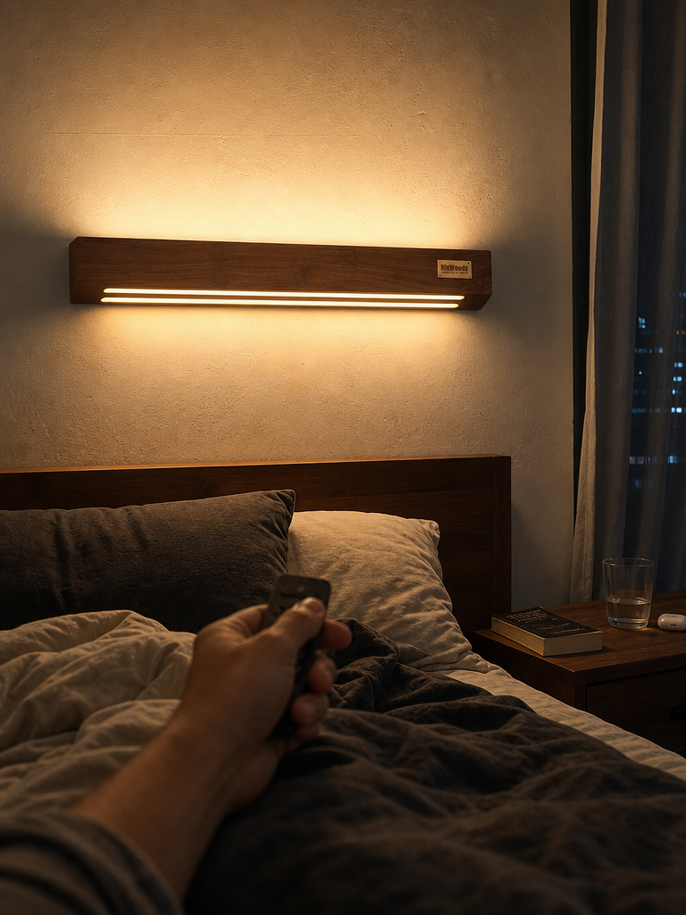 Duo Glow Wooden Wall Light lifestyle shot, mounted above the bed with the included remote in hand