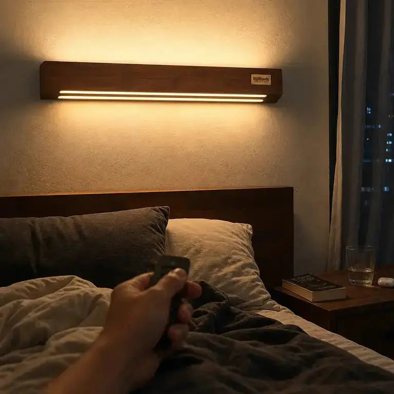 Compact sheesham wall light above a bed at night, a hand holding the dimmer remote