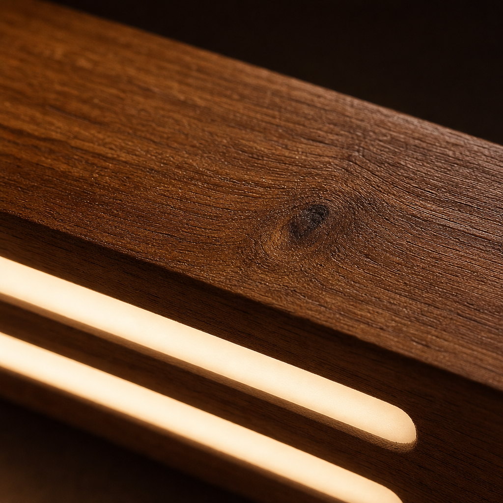 Macro close-up of the solid Sheesham wood grain and LED channel edge on the Duo Glow Wooden Wall Light