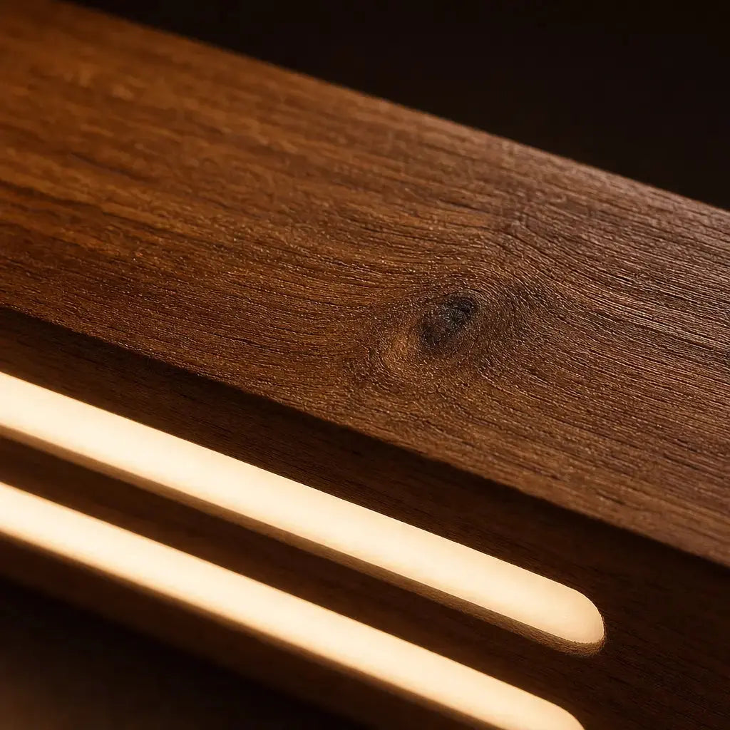 Compact Sheesham wood wall light detail, wood grain above twin warm white LED tubes