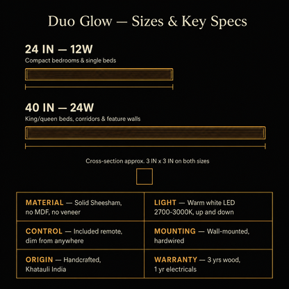 Duo Glow Wooden Wall Light size and specs chart — 24 inch 12W and 40 inch 24W, material, light, control, mounting, origin and warranty details